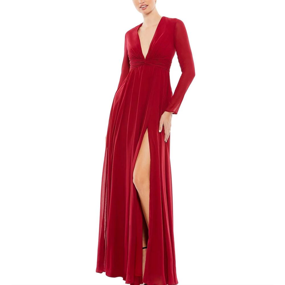 Mac Duggal 55680 Long Sleeve Chiffon A-Line Evening Gown Wine Red Size 4 Dress